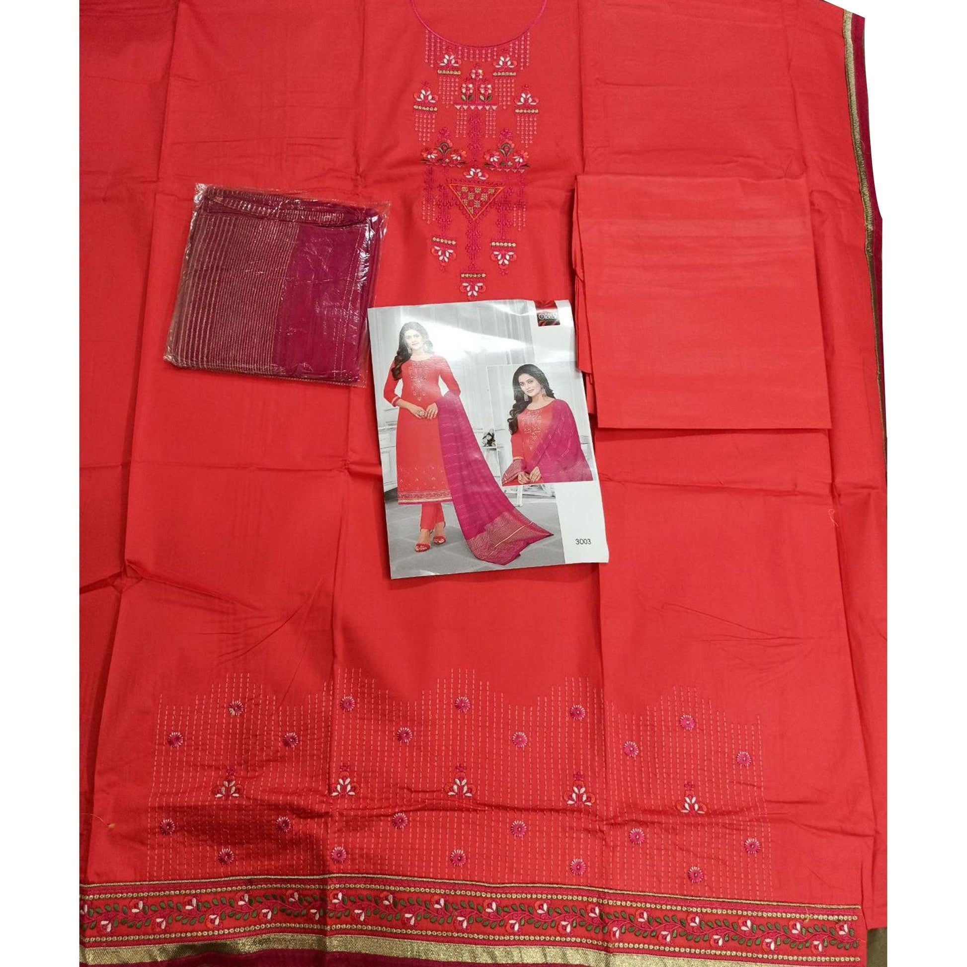 Ideal Red-Orange Colored Partywear Designer Embroidery Cotton Salwar Suit