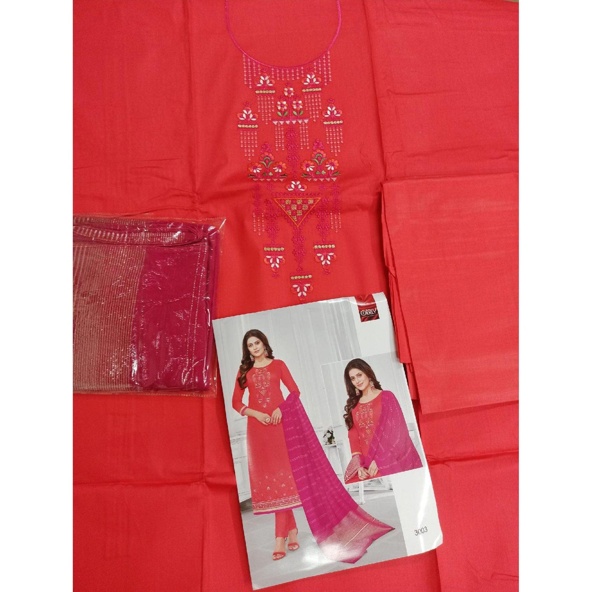 Ideal Red-Orange Colored Partywear Designer Embroidery Cotton Salwar Suit