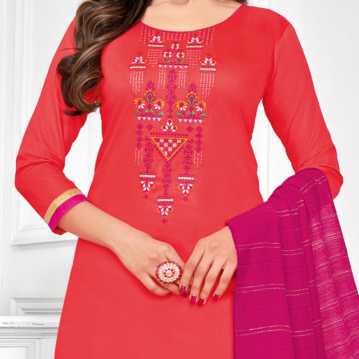 Ideal Red-Orange Colored Partywear Designer Embroidery Cotton Salwar Suit