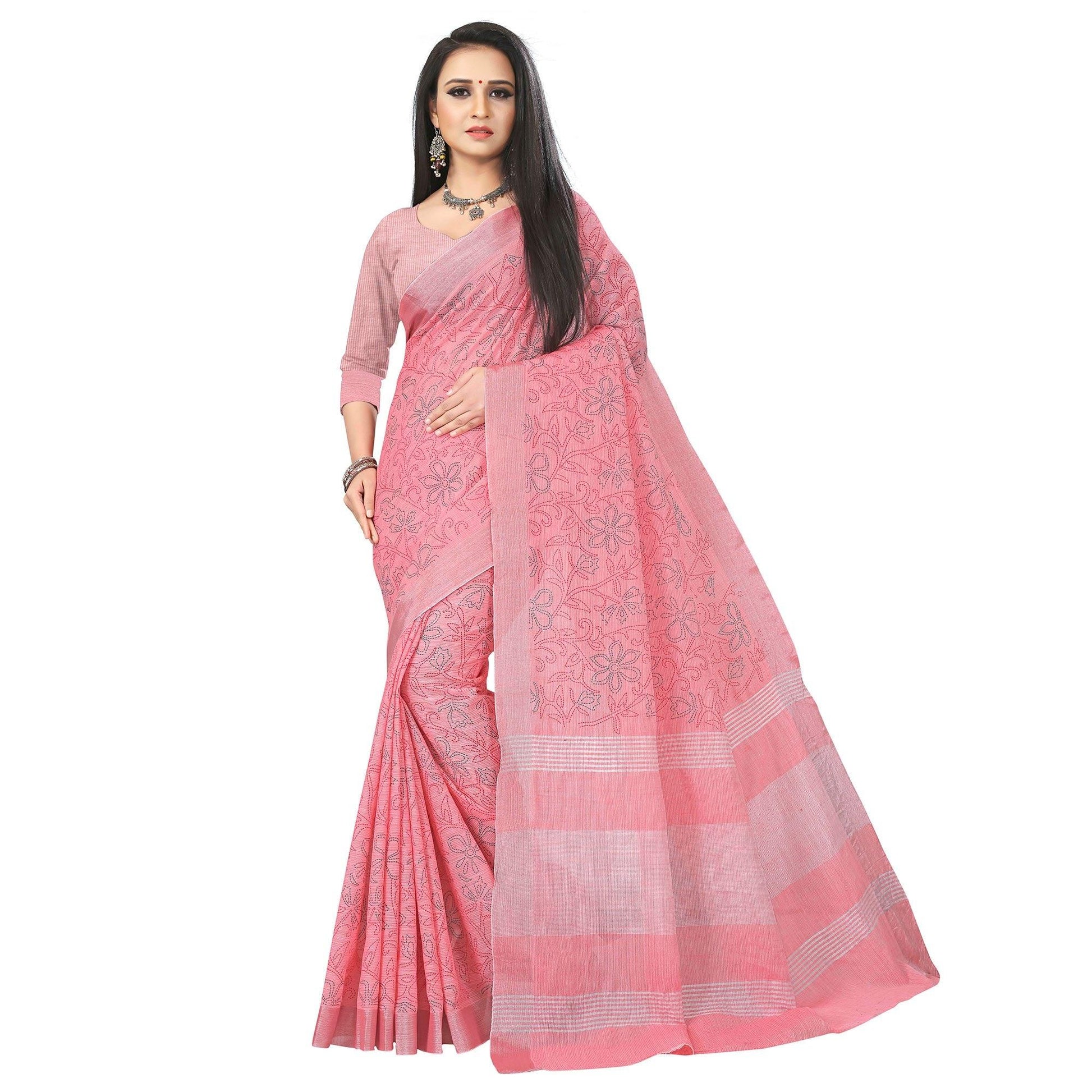 Ideal Rose Pink Colored Party Wear Block Print Linen Saree