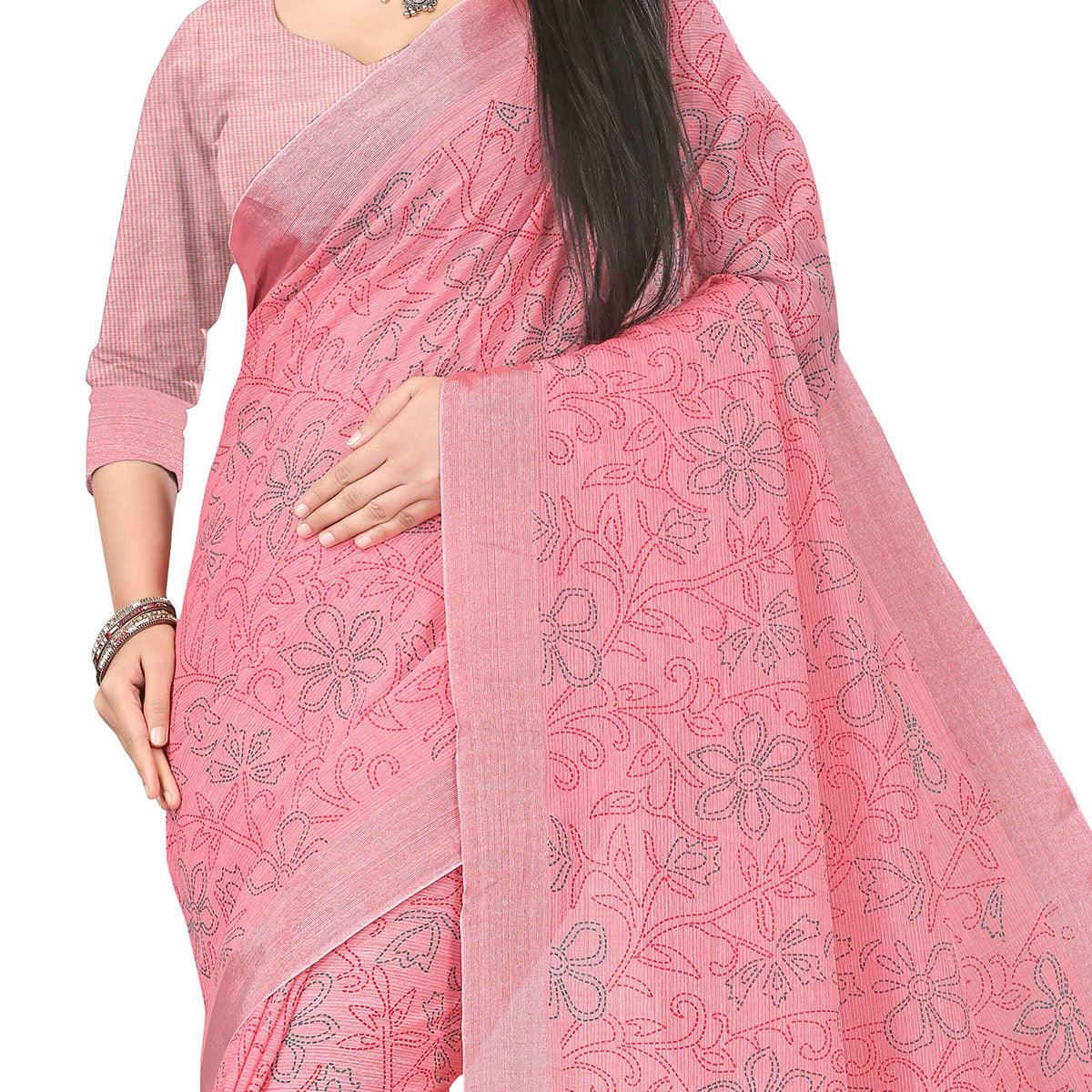 Ideal Rose Pink Colored Party Wear Block Print Linen Saree