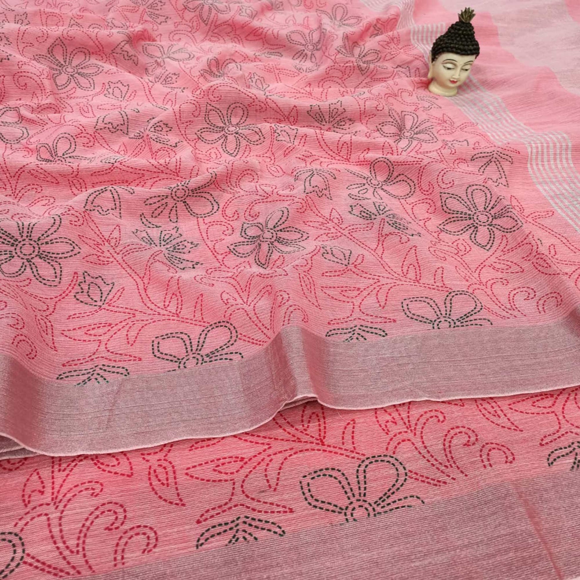 Ideal Rose Pink Colored Party Wear Block Print Linen Saree