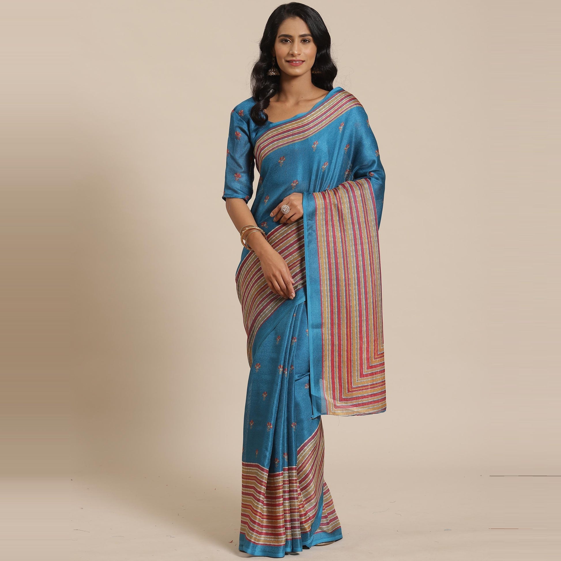 Ideal Teal Blue Colored Casual Wear Printed Jute Silk Saree