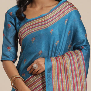 Ideal Teal Blue Colored Casual Wear Printed Jute Silk Saree