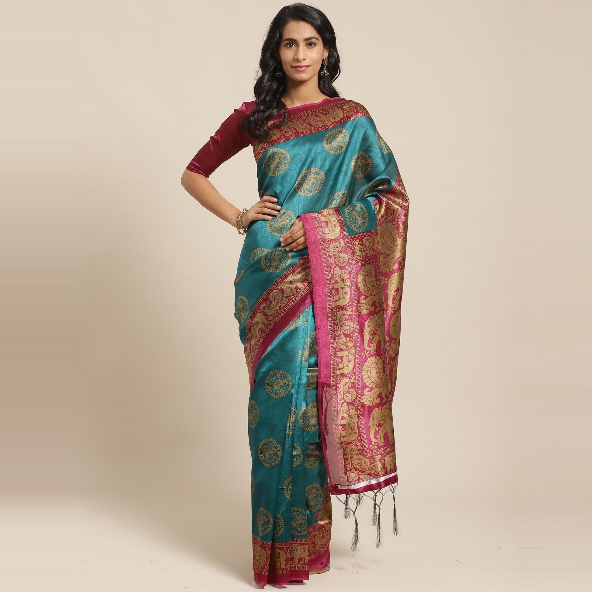 Ideal Teal Green Colored Casual Wear Printed Art Silk Saree