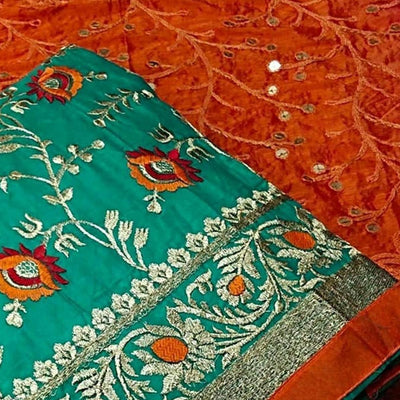 Ideal Turquoise Blue Colored Festive Wear Embroidered Chanderi Dress Material