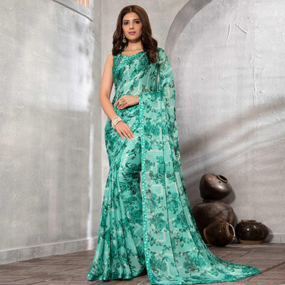 Ideal Turquoise Green Colored Casual Floral Printed Chiffon Saree