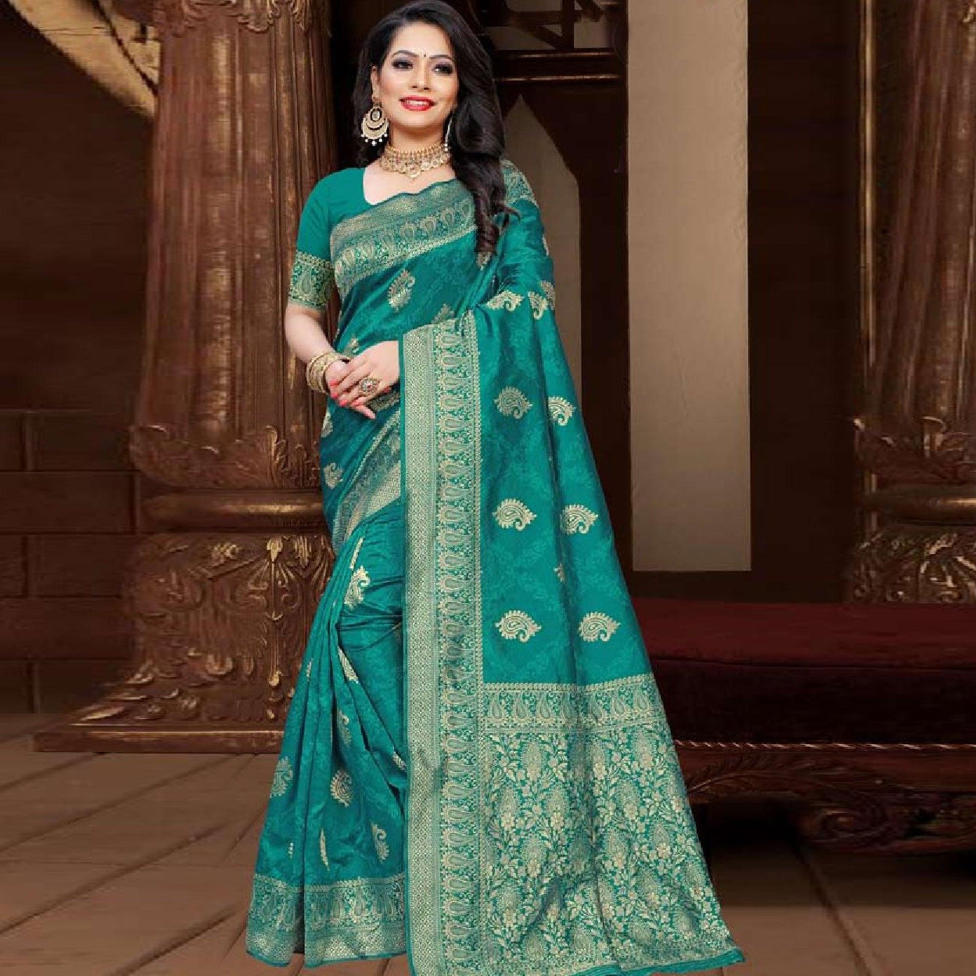Ideal Turquoise Green Colored Festive Wear Woven Art Silk Saree