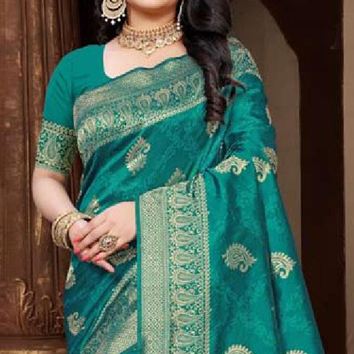 Ideal Turquoise Green Colored Festive Wear Woven Art Silk Saree