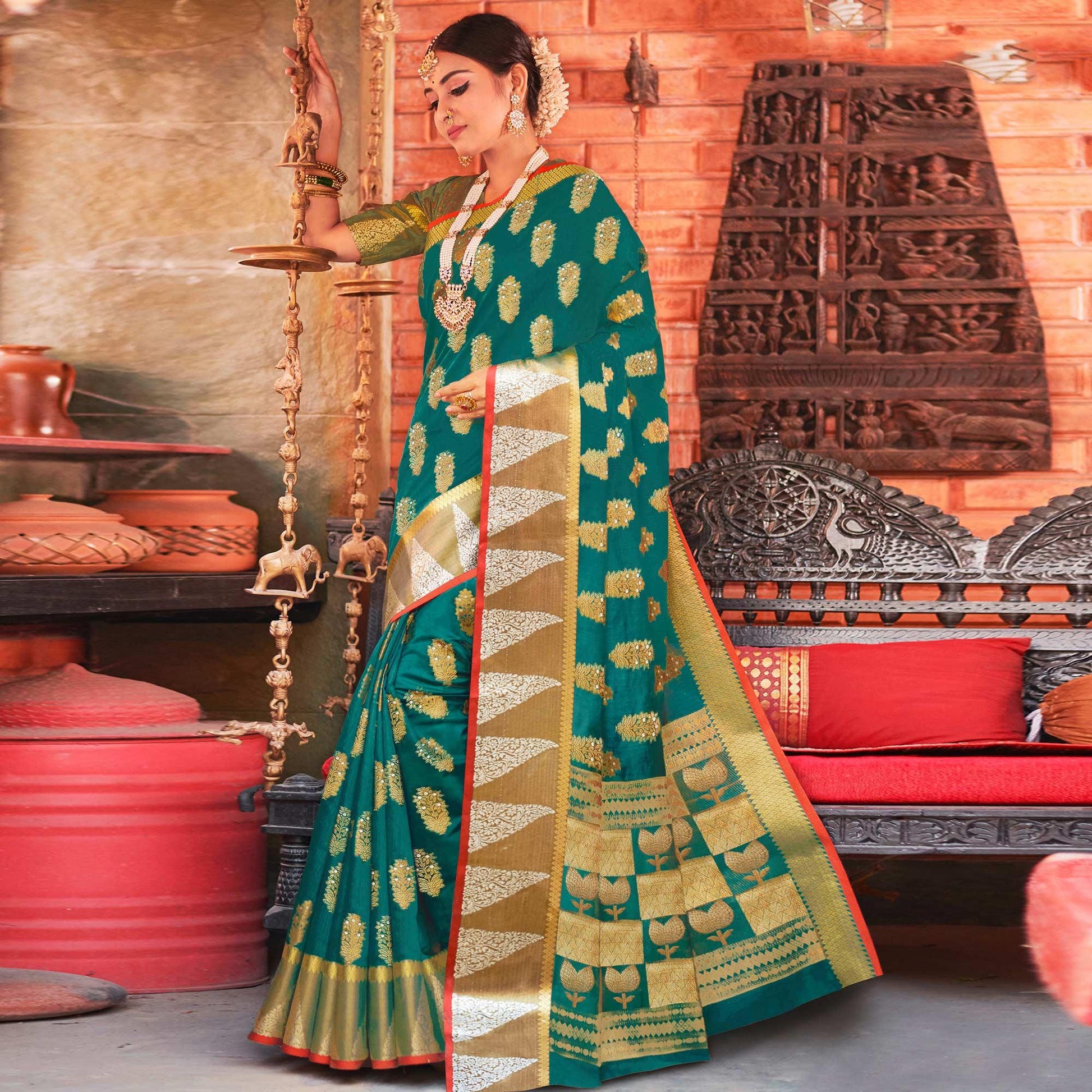 Ideal Turquoise Green Colored Festive Wear Woven Cotton Handloom Saree