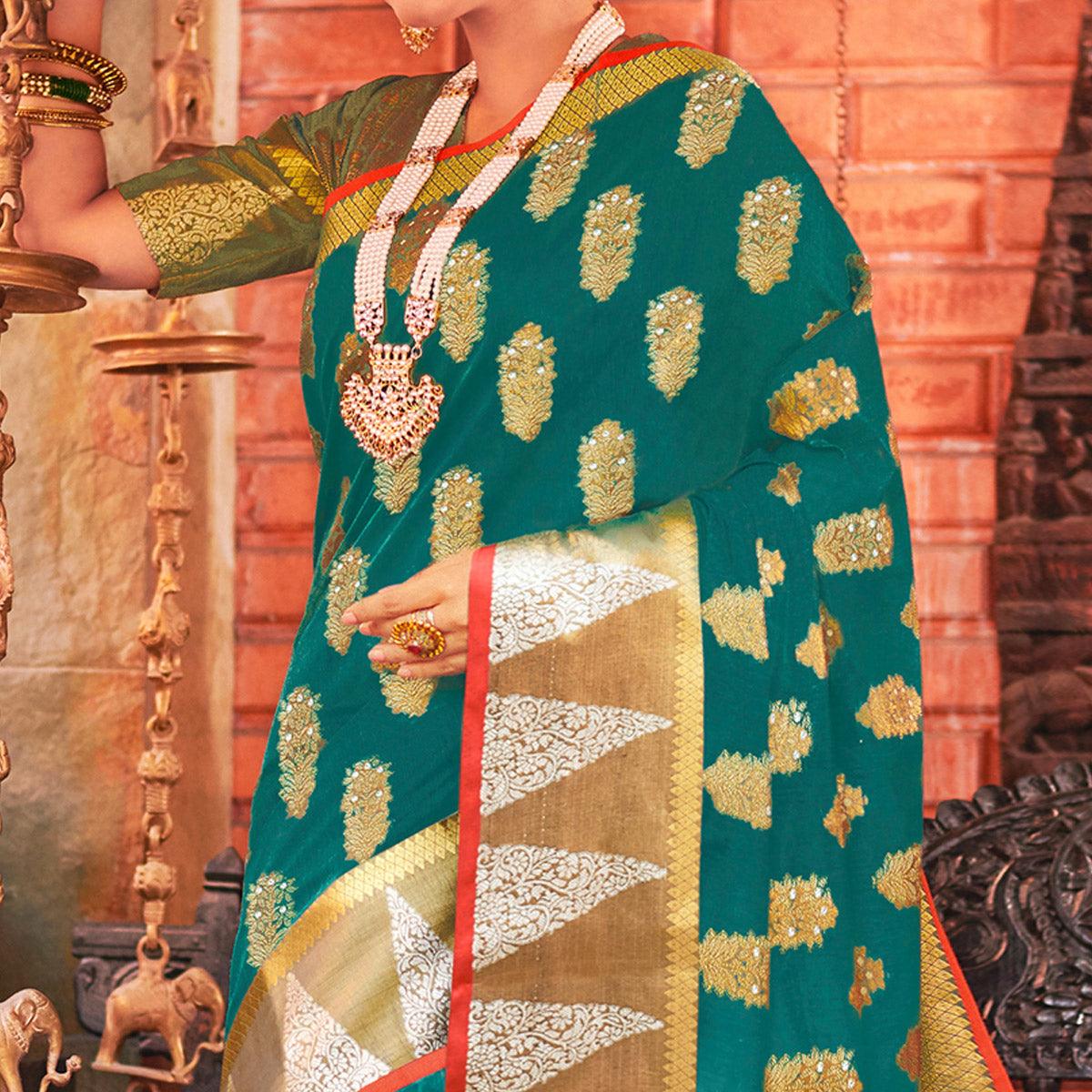 Ideal Turquoise Green Colored Festive Wear Woven Cotton Handloom Saree