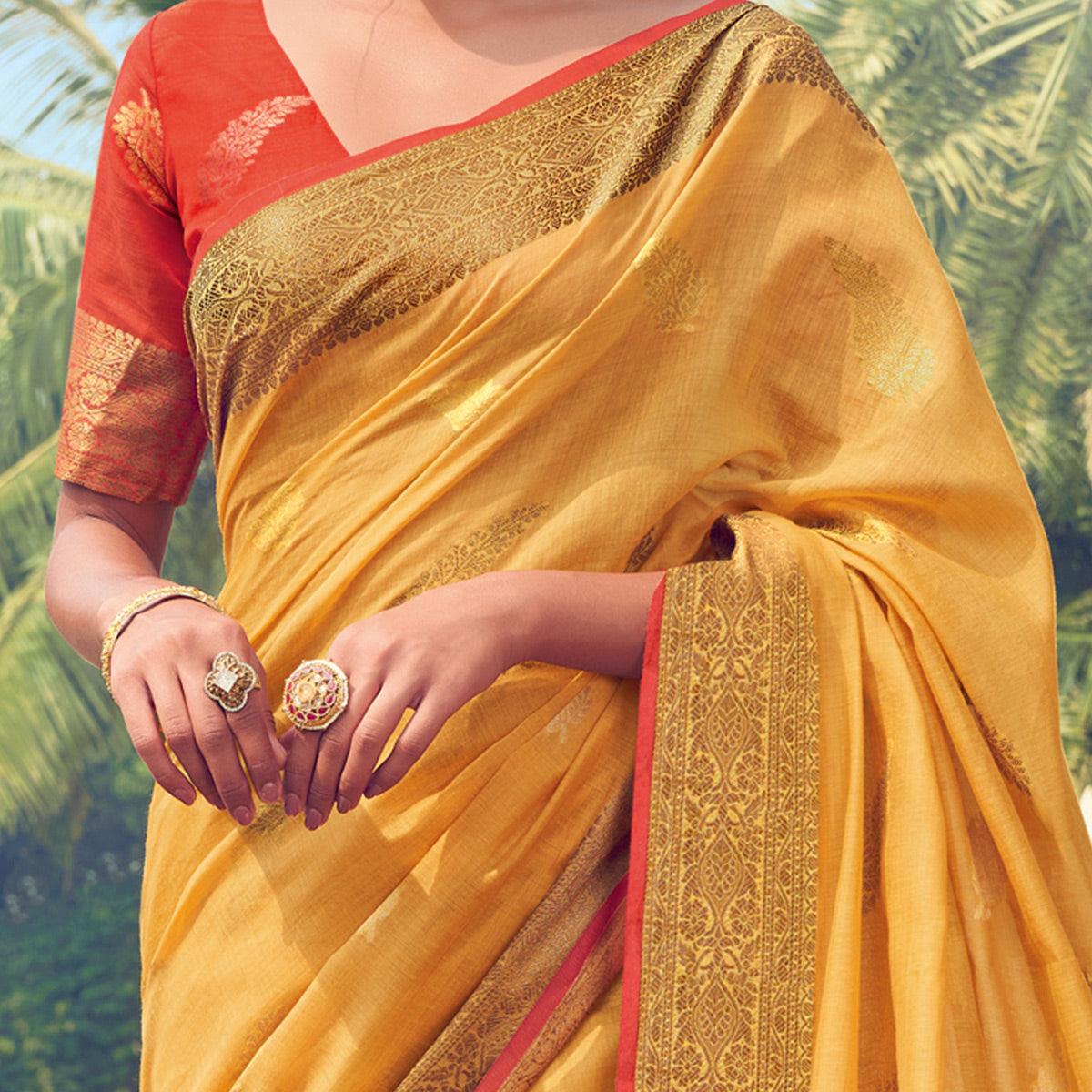 Ideal Yellow Colored Festive Wear Woven Cotton Handloom Saree