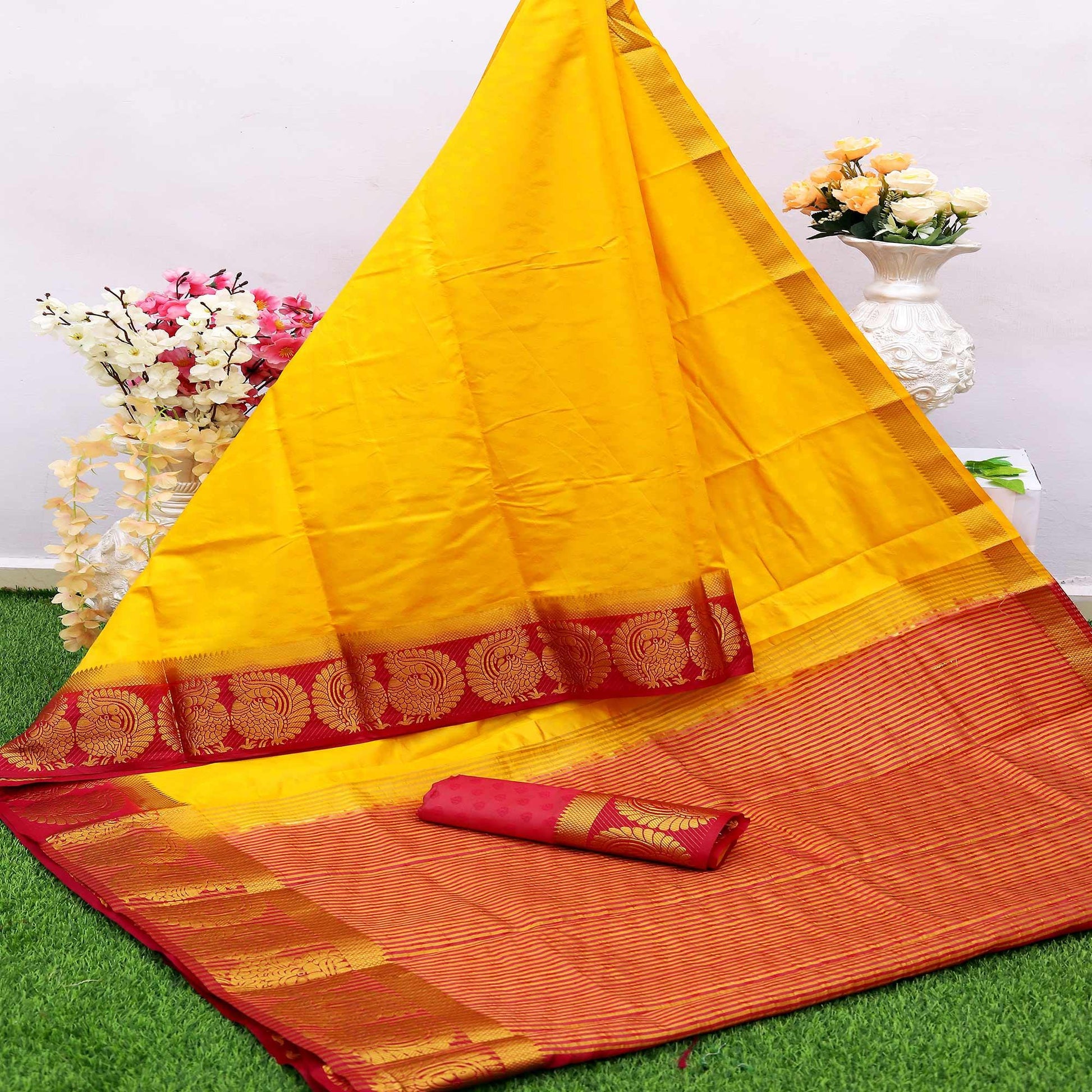 Ideal Yellow Colored Festive Wear Woven Nylon Silk Saree