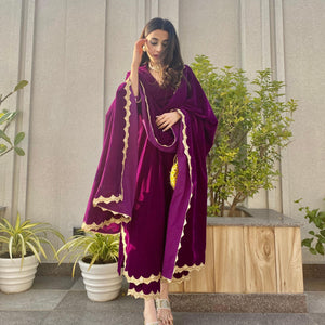 Wine Velvet Lace Kurta Pant Set | Relove