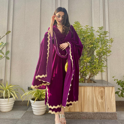 Wine Velvet Lace Kurta Pant Set | Relove