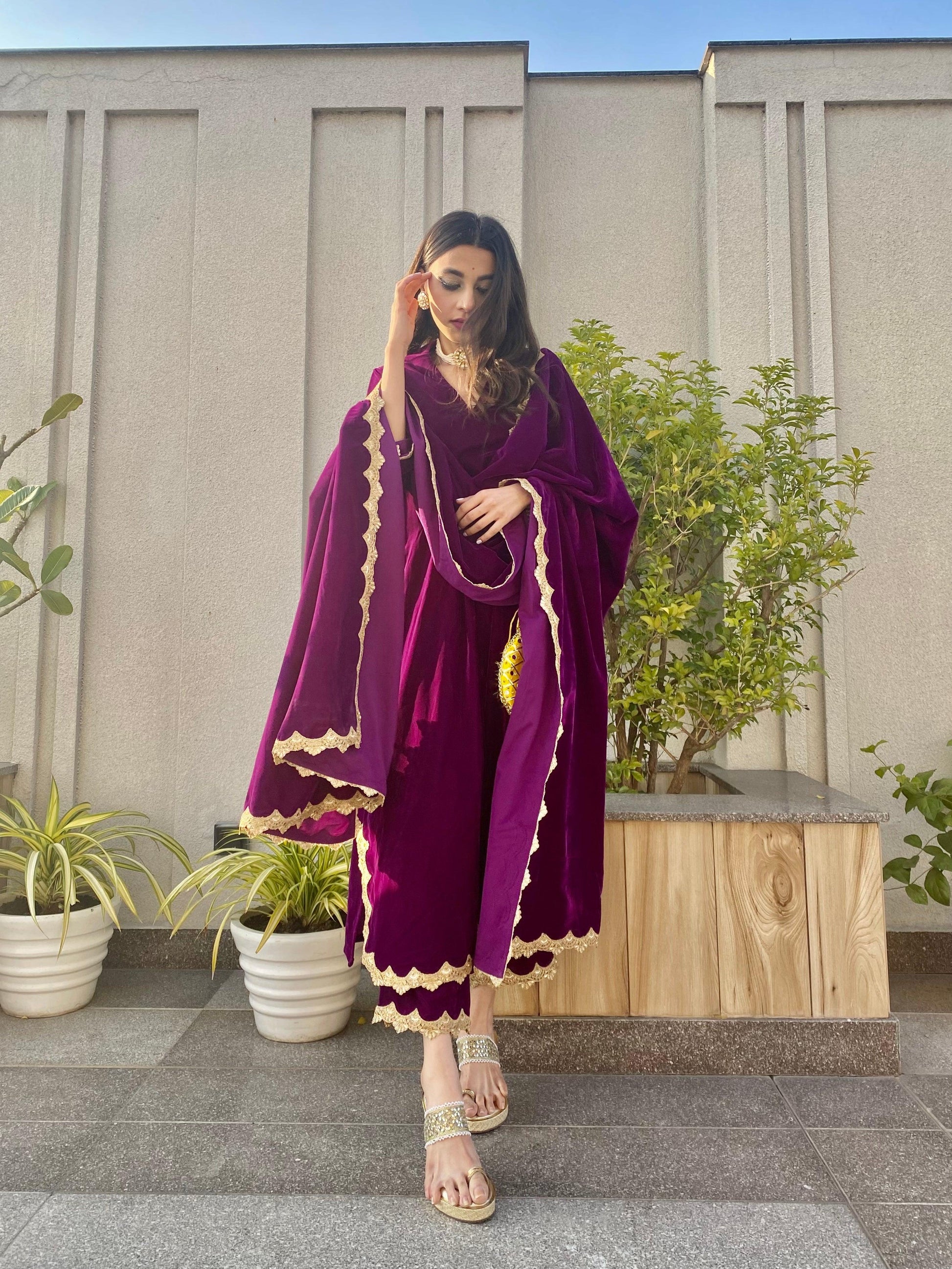 Wine Velvet Lace Kurta Pant Set | Relove