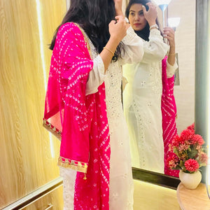 Mirror work Chikankari Kurti with Bandhani Dupatta Pant Set