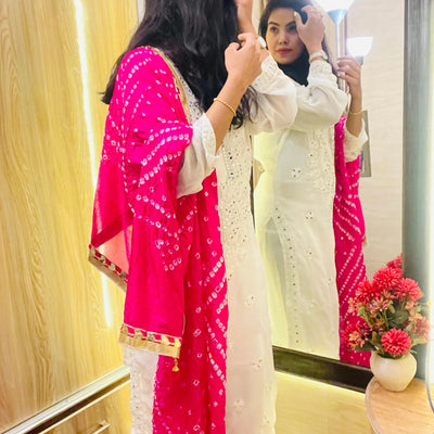 Mirror work Chikankari Kurti with Bandhani Dupatta Pant Set