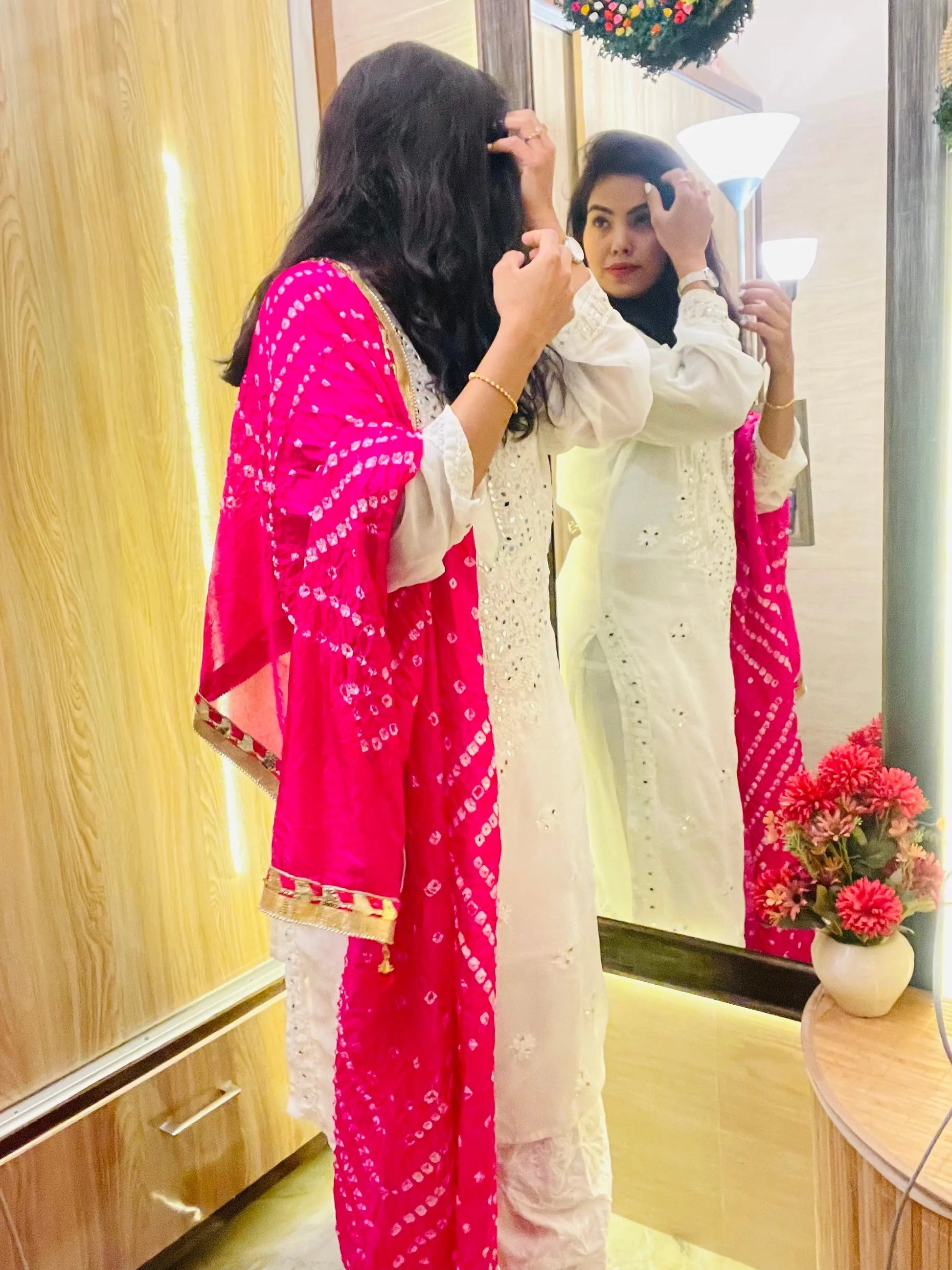 Mirror work Chikankari Kurti with Bandhani Dupatta Pant Set