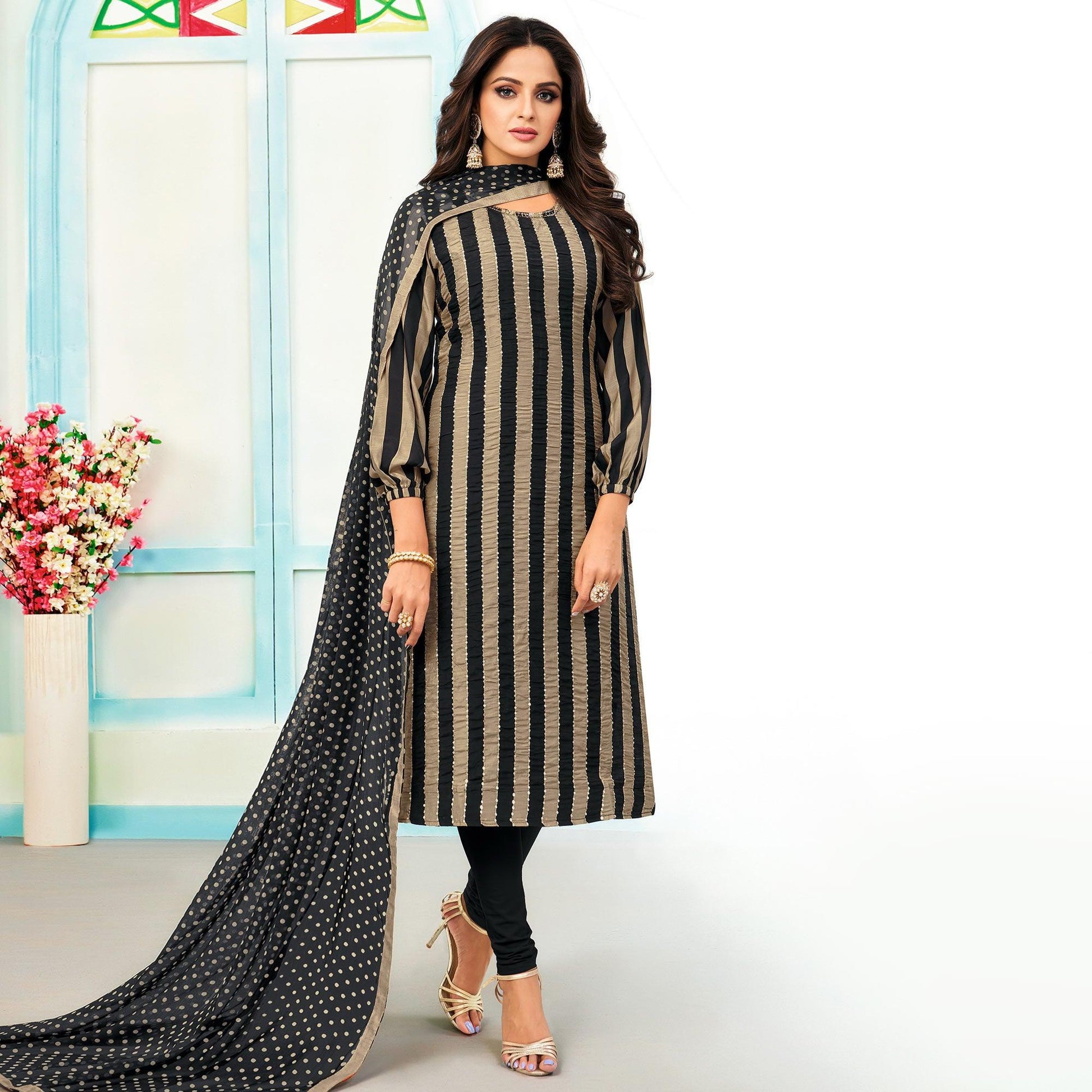 Imposing Beige - Black Colored Casual Wear Embroidered Chanderi Dress Material