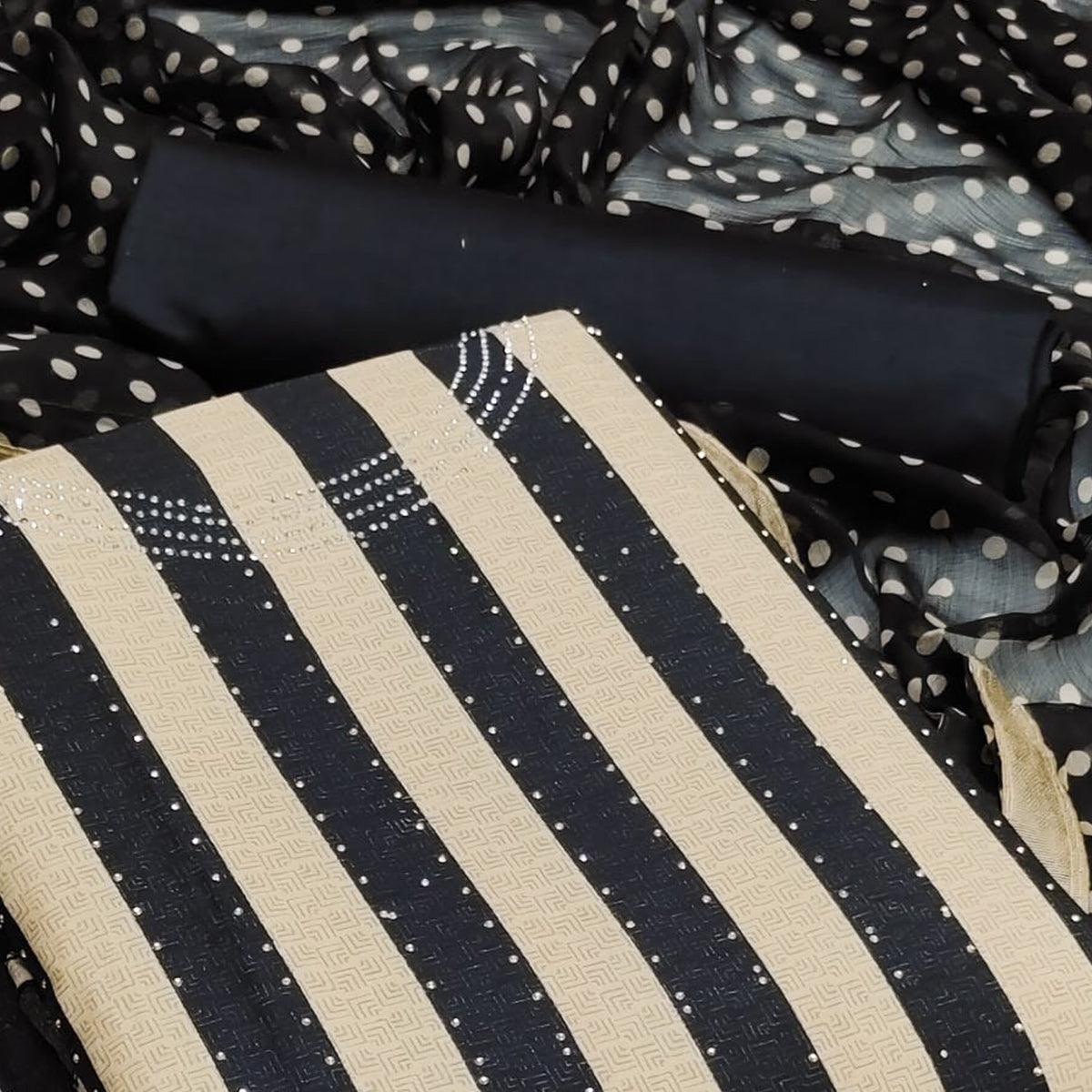 Imposing Beige - Black Colored Casual Wear Embroidered Chanderi Dress Material