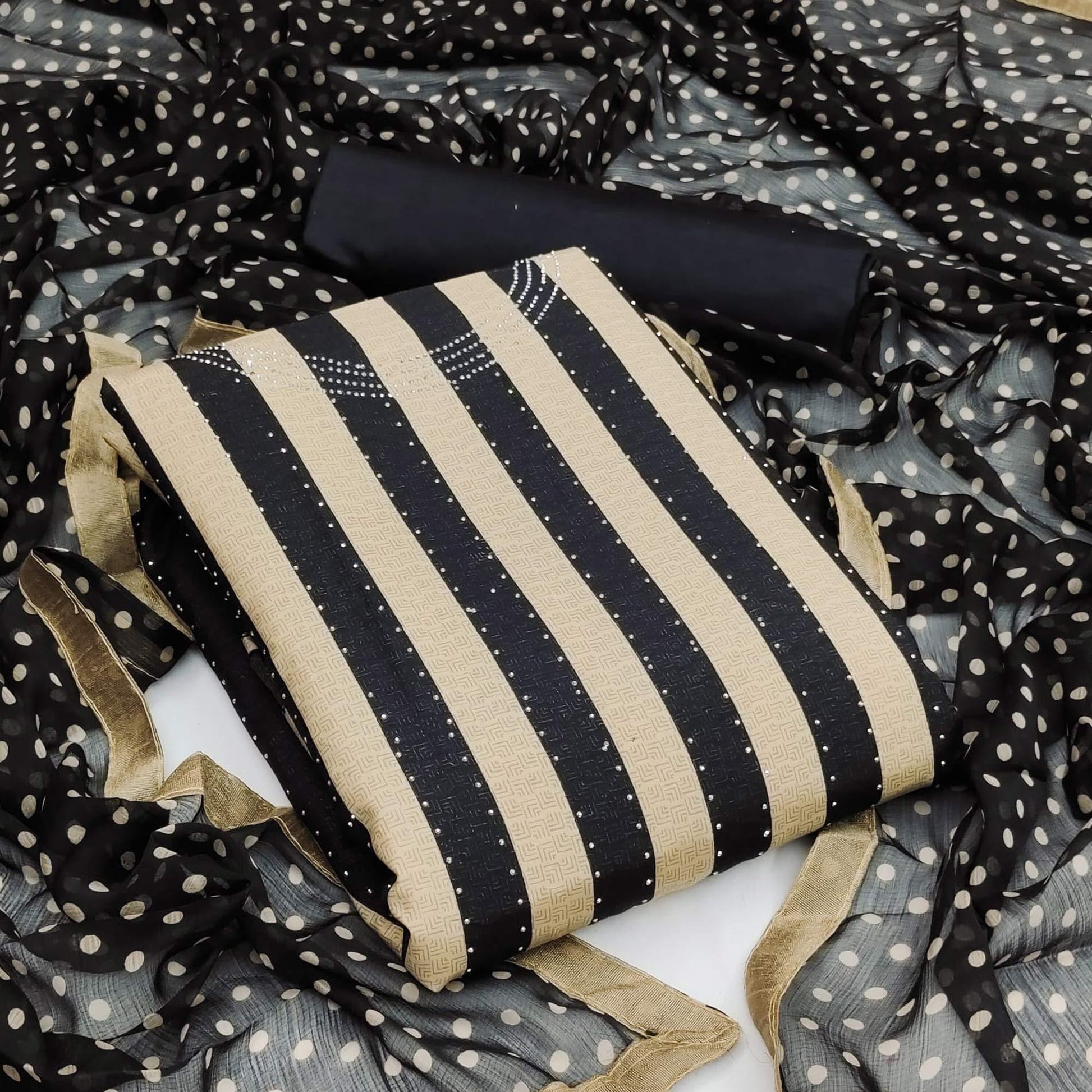 Imposing Beige - Black Colored Casual Wear Embroidered Chanderi Dress Material