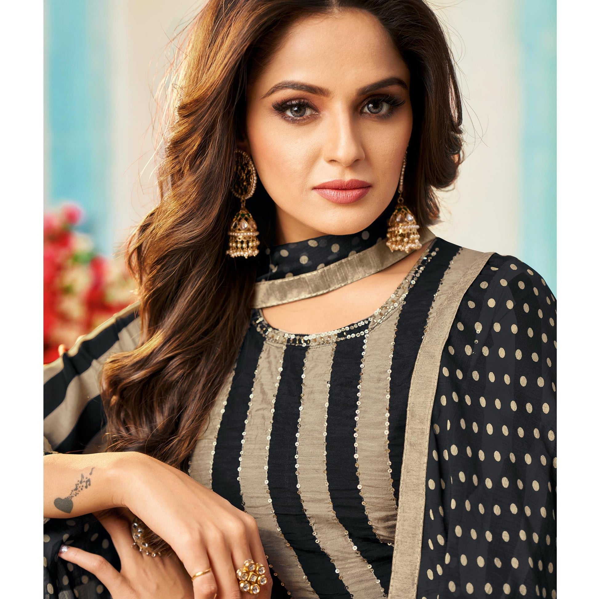 Imposing Beige - Black Colored Casual Wear Embroidered Chanderi Dress Material
