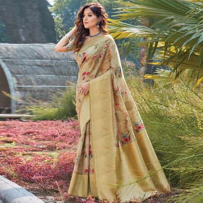Imposing Beige Colored Festive Wear Digital Printed Silk Saree