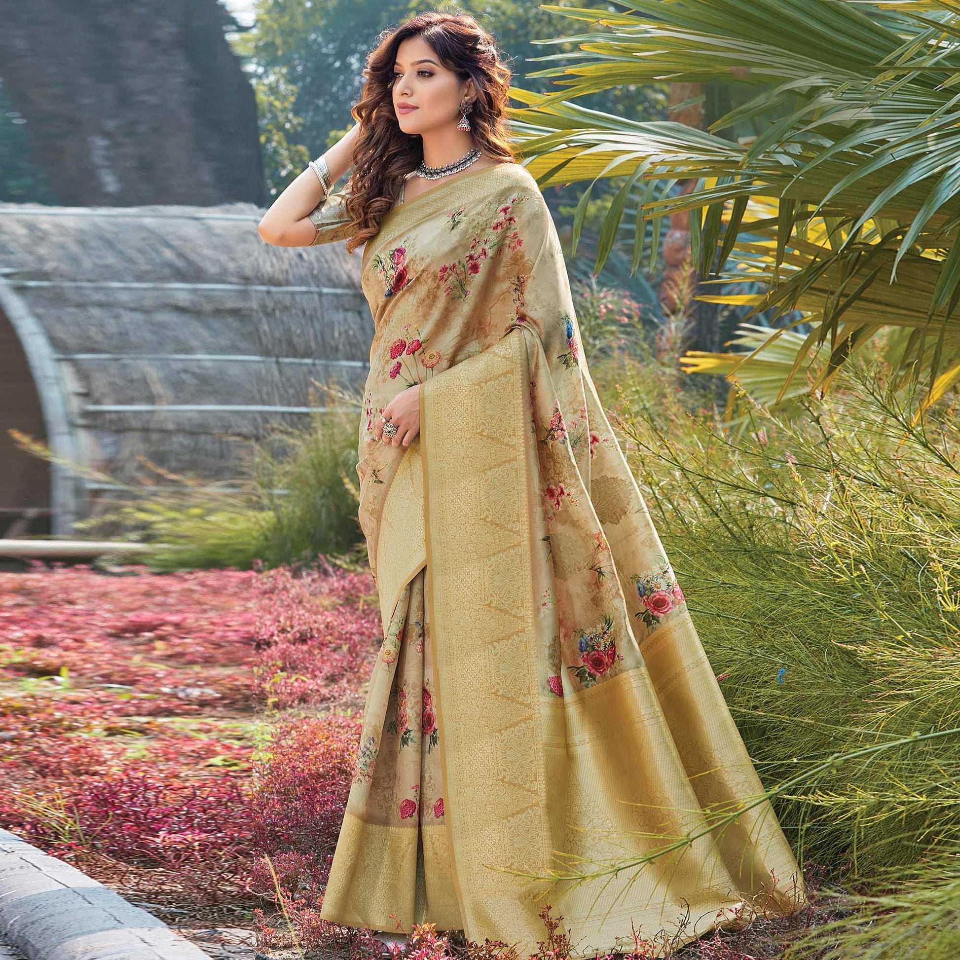 Imposing Beige Colored Festive Wear Digital Printed Silk Saree