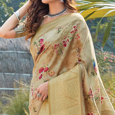 Imposing Beige Colored Festive Wear Digital Printed Silk Saree
