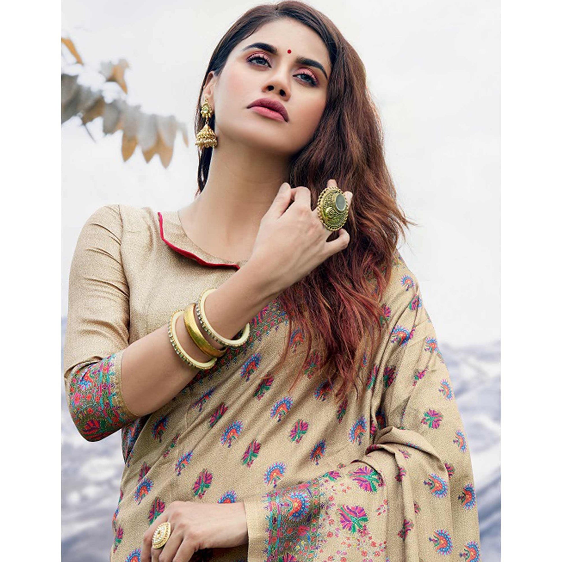 Imposing Beige Colored Festive Wear Printed Art Silk Saree