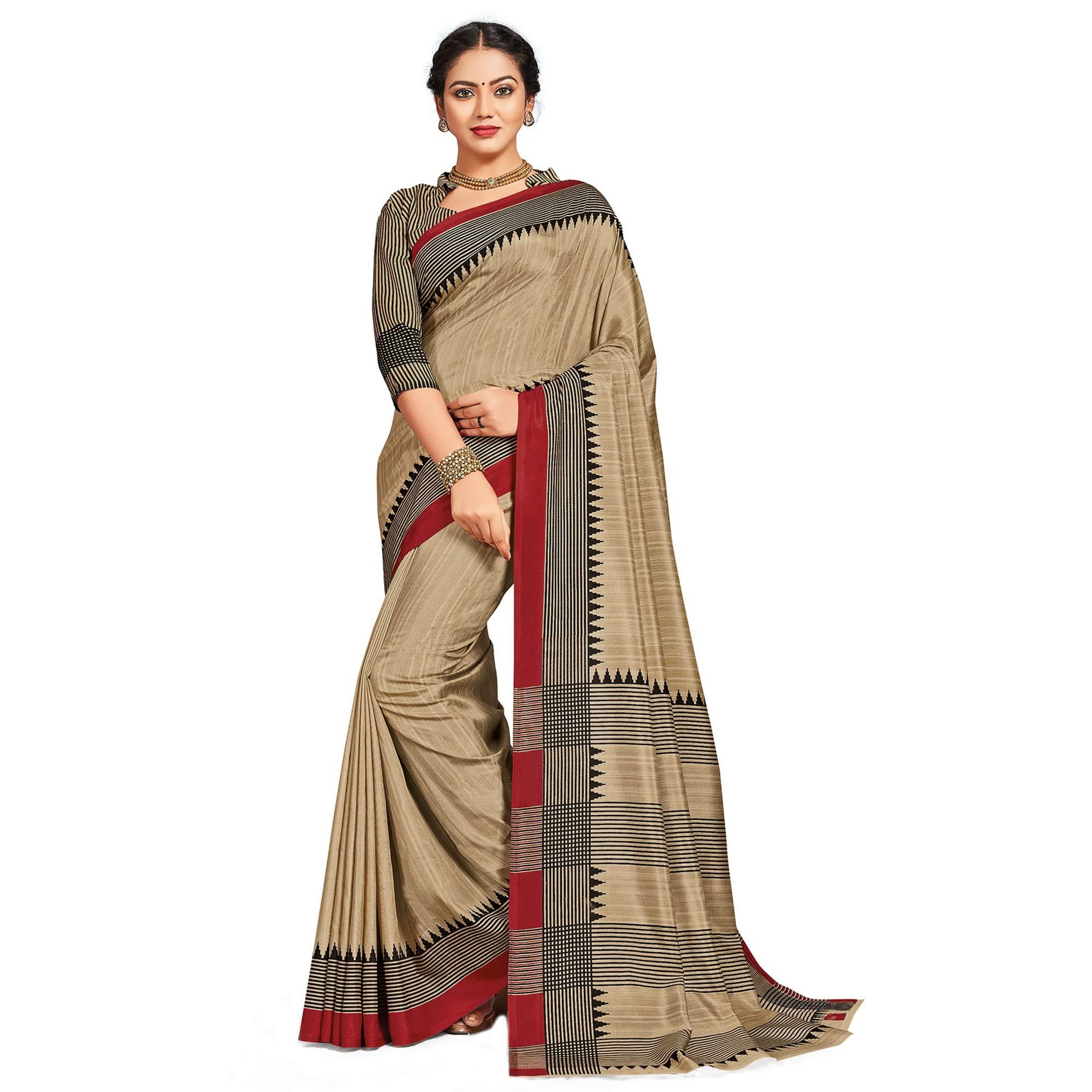 Imposing Beige-Red Colored Casual Printed Silk Saree