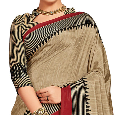 Imposing Beige-Red Colored Casual Printed Silk Saree