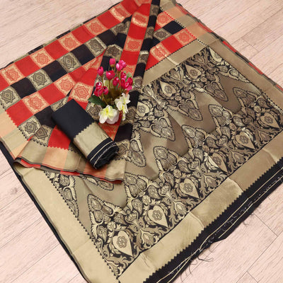 Imposing Black - Red Colored Festive Wear Woven Art Silk Saree