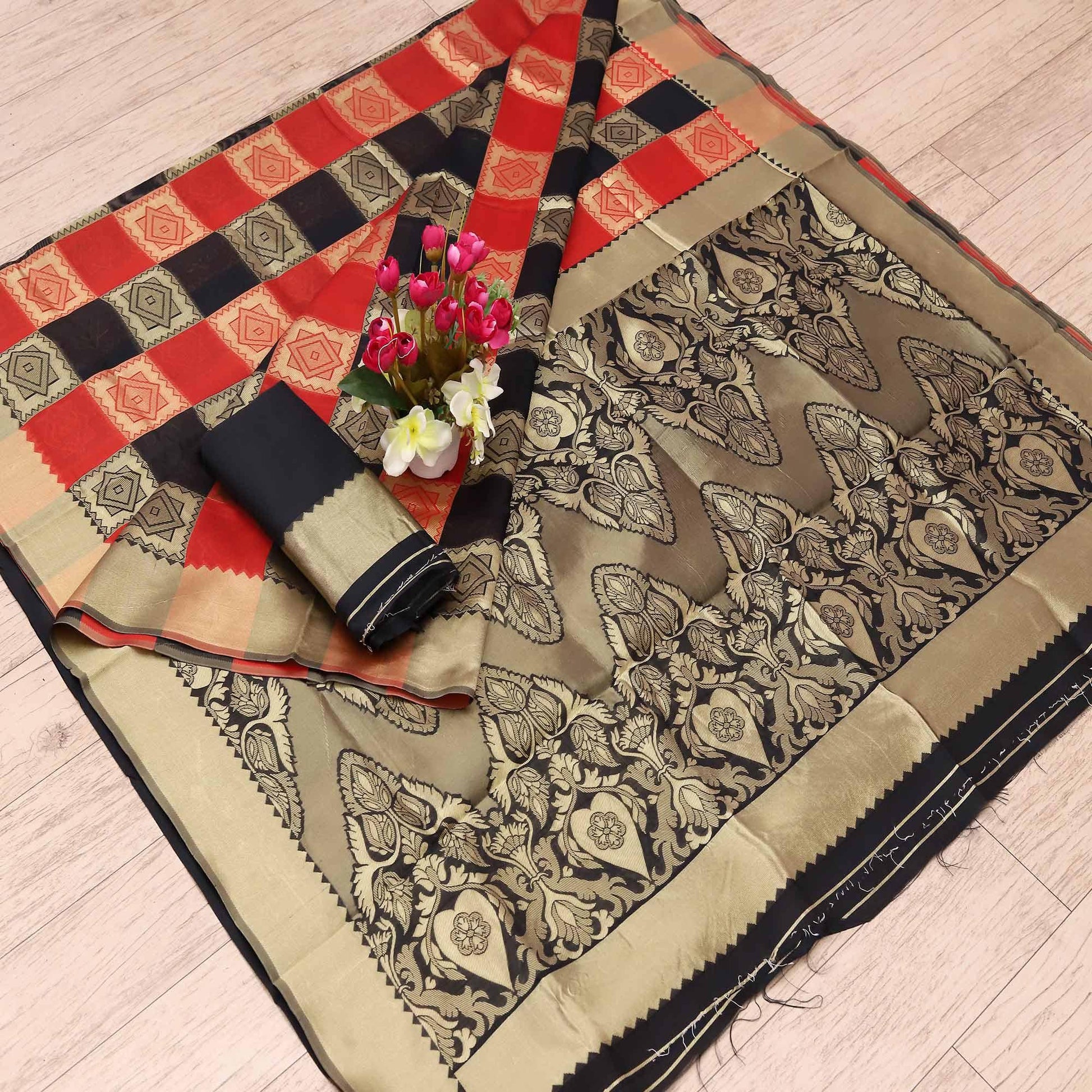 Imposing Black - Red Colored Festive Wear Woven Art Silk Saree