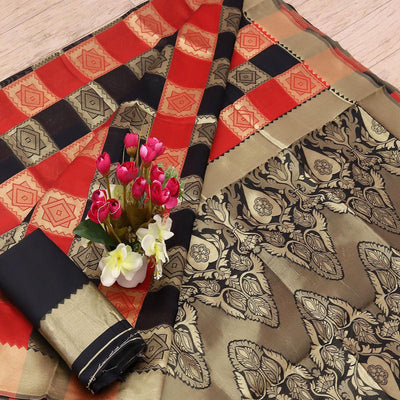 Imposing Black - Red Colored Festive Wear Woven Art Silk Saree