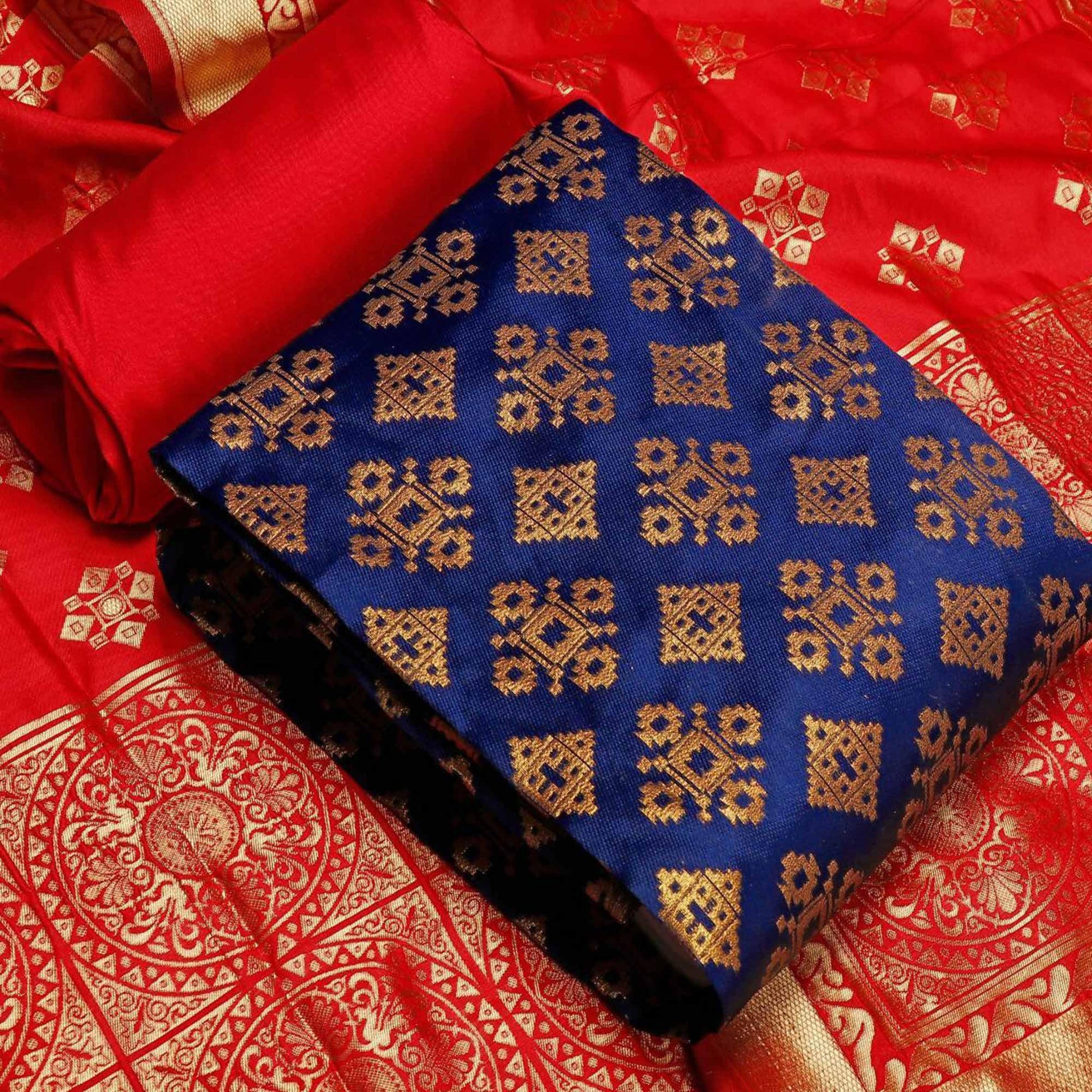 Imposing Blue Colored Casual Wear Banarasi Silk Dress Material