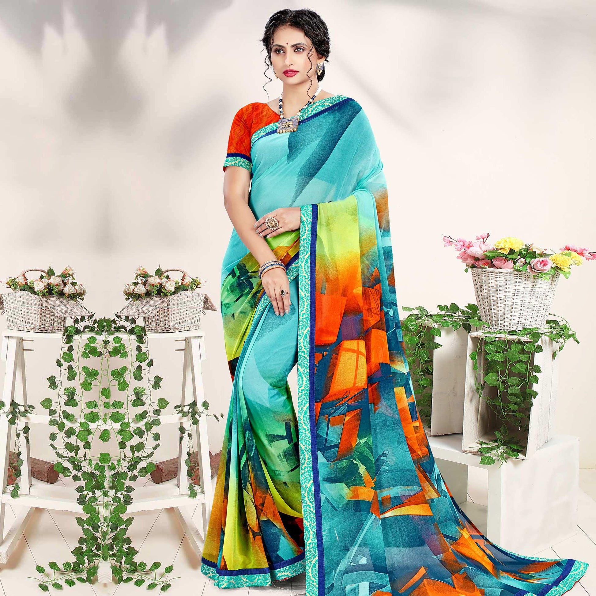 Imposing Blue Colored Casual Wear Printed Georgette Saree