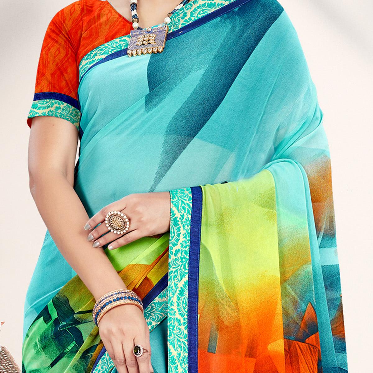 Imposing Blue Colored Casual Wear Printed Georgette Saree