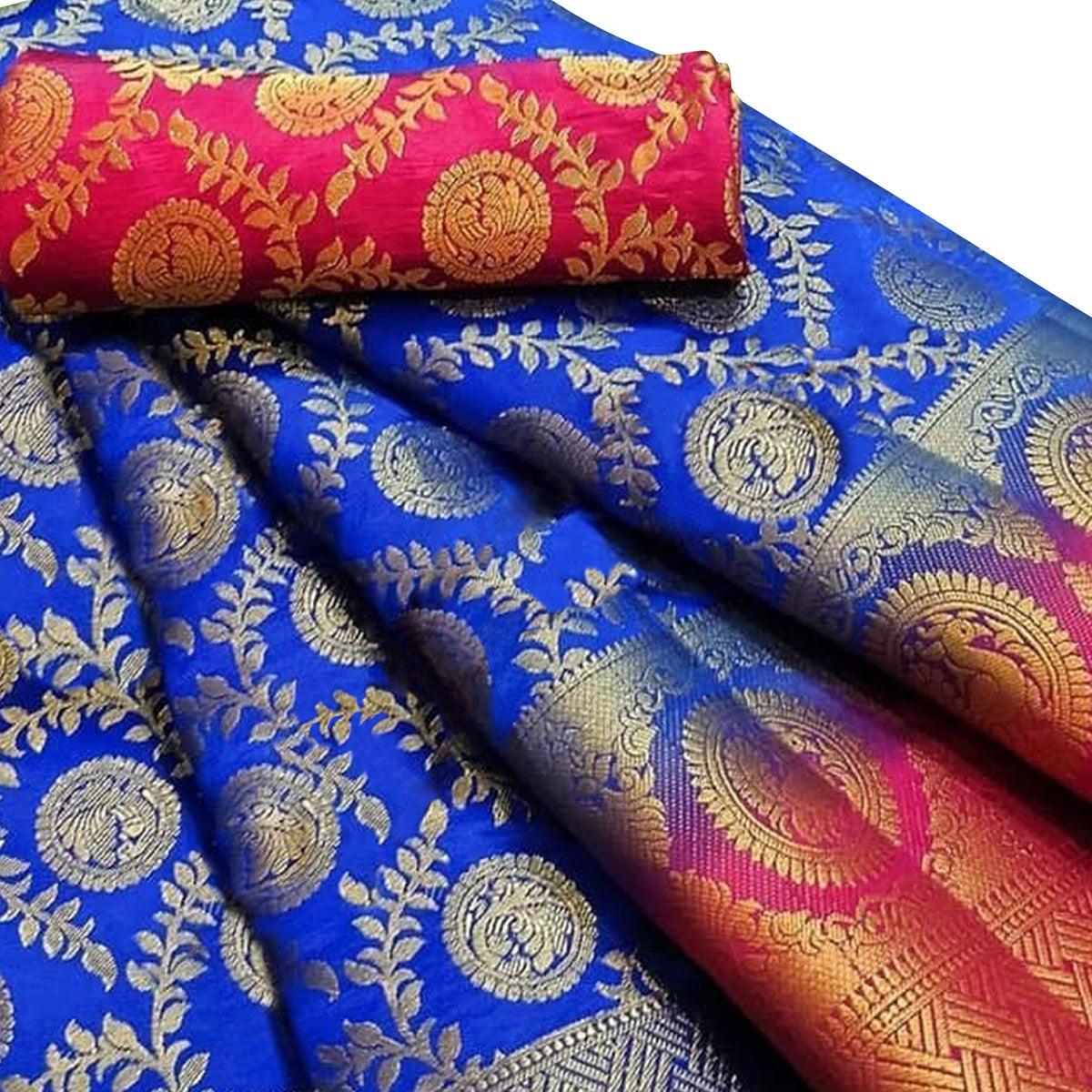 Imposing Blue Colored Festive Wear Woven Silk Blend Saree