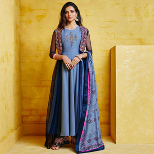 Imposing Blue Colored Partywear Embroidered Muslin Palazzo Suit