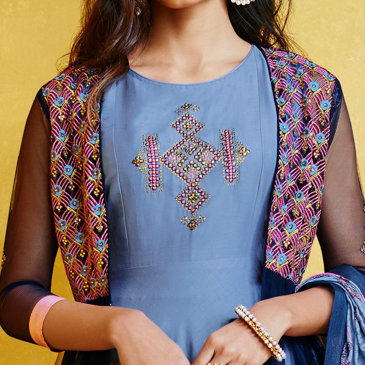 Imposing Blue Colored Partywear Embroidered Muslin Palazzo Suit