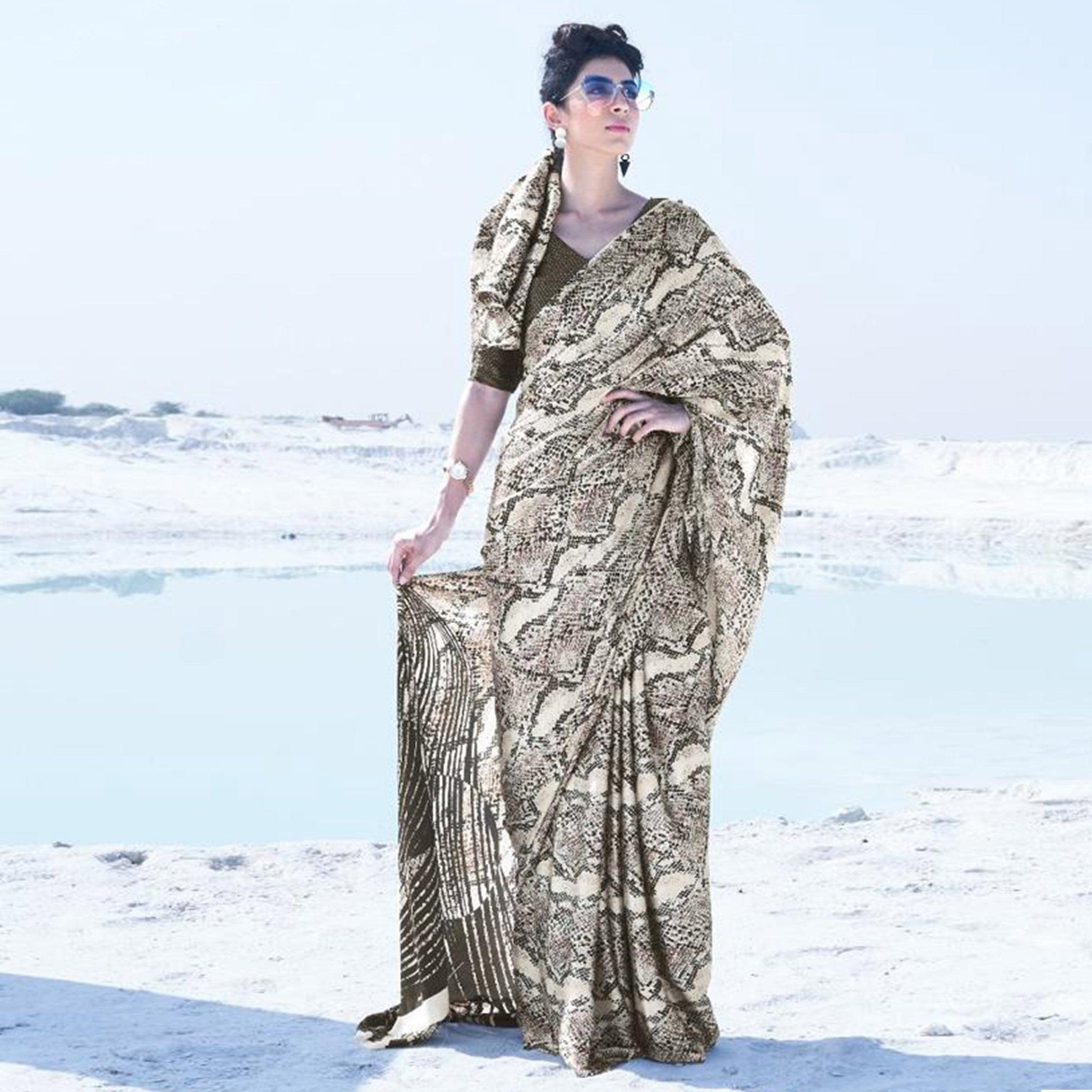 Imposing Cream - Brown Colored Casual Wear Printed Satin Crepe Saree