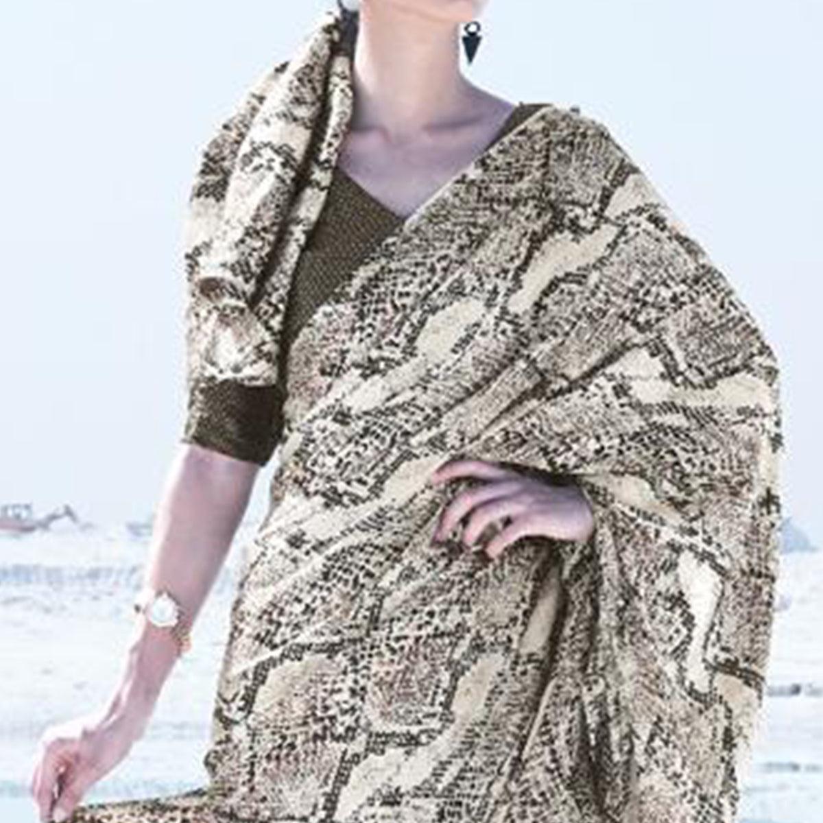 Imposing Cream - Brown Colored Casual Wear Printed Satin Crepe Saree
