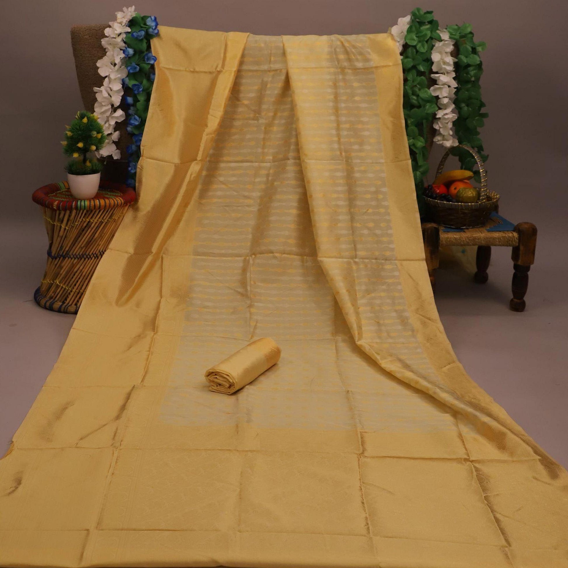 Imposing Cream Colored Festive Wear Woven Soft Silk Saree