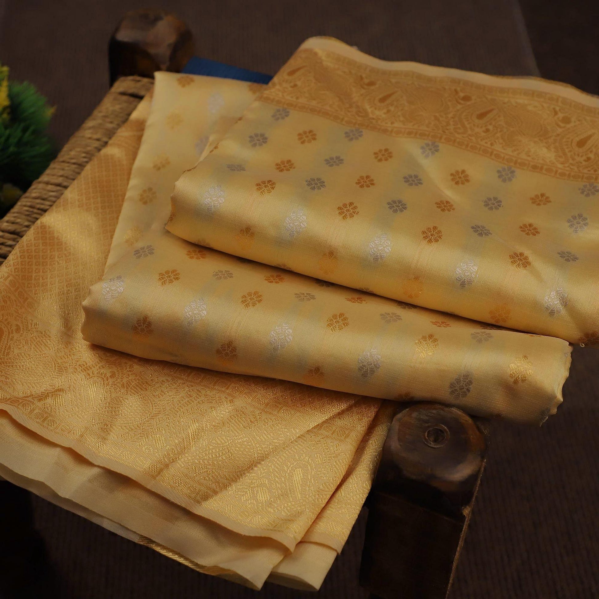 Imposing Cream Colored Festive Wear Woven Soft Silk Saree