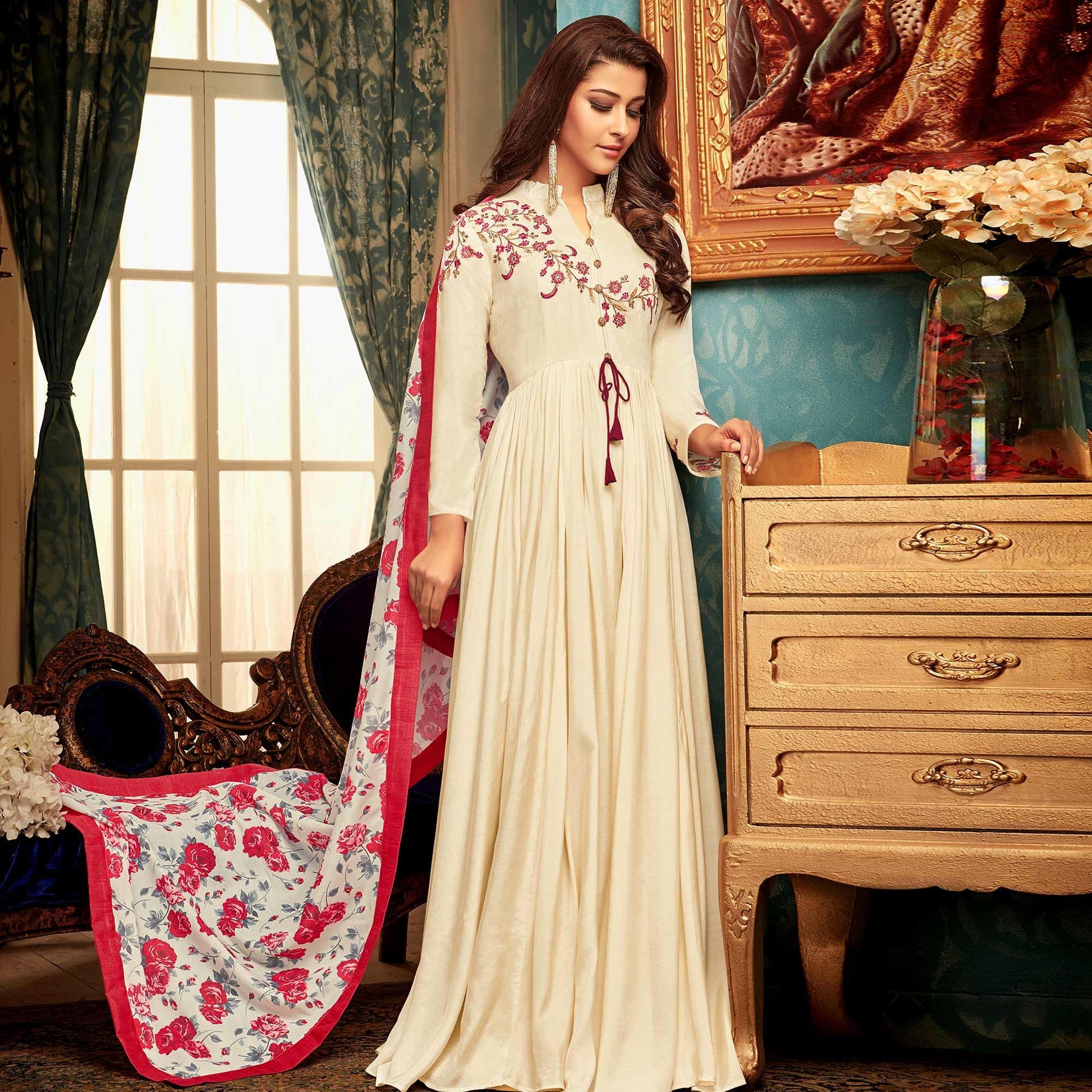 Imposing Cream Colored Partywear Embroidered Heavy Muslin Gown