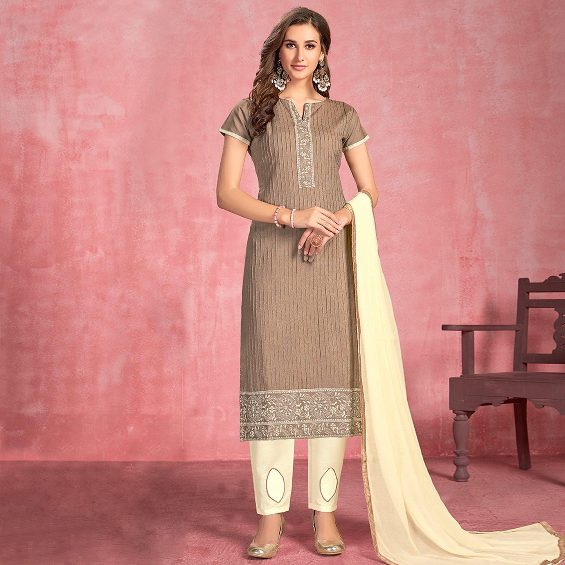 Imposing Dark Beige Colored Partywear Embroidered Pure Cotton Dress Material