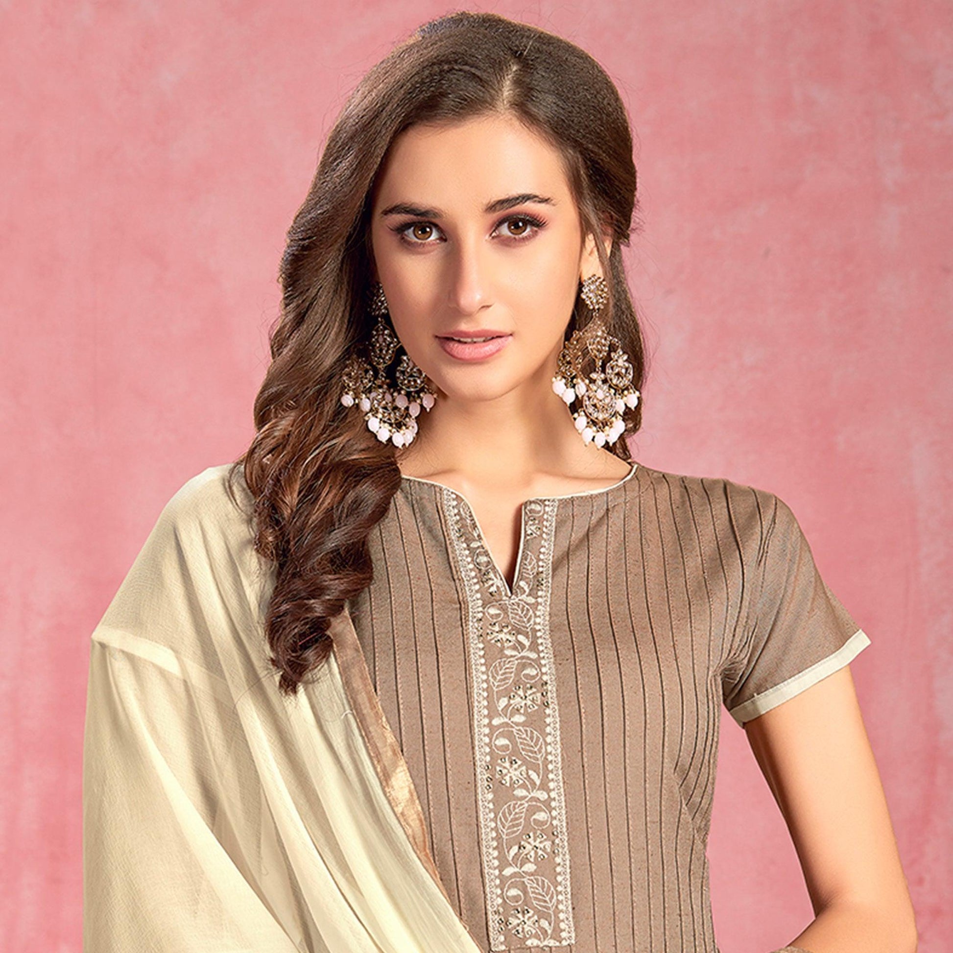Imposing Dark Beige Colored Partywear Embroidered Pure Cotton Dress Material