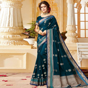 Imposing Dark Green Colored Festive Wear Woven Cotton Handloom Saree